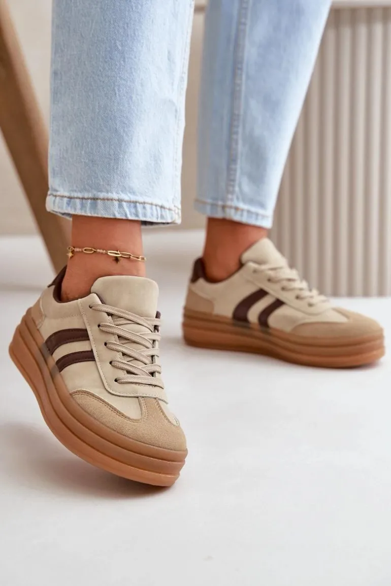 Sneakersy Damskie Na Platformie Brązowe Nesonice