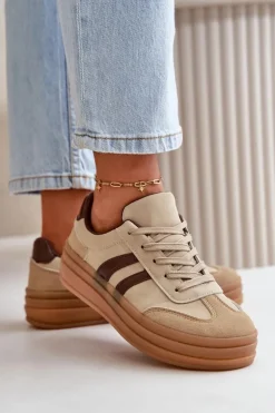 Sneakersy Damskie Na Platformie Brązowe Nesonice