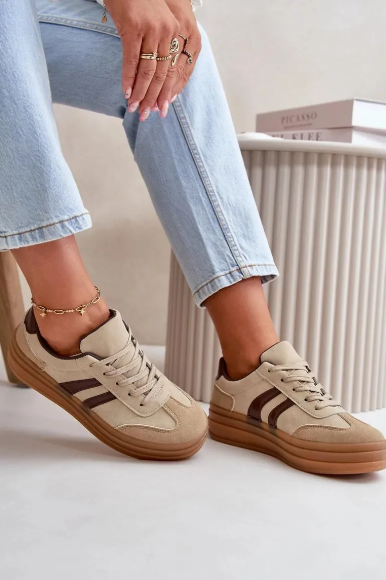 Sneakersy Damskie Na Platformie Brązowe Nesonice