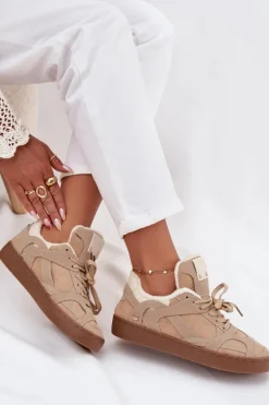 Sneakersy Damskie Na Platformie Ocieplane Futerkiem Beżowe Solvia