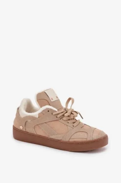 Sneakersy Damskie Na Platformie Ocieplane Futerkiem Beżowe Solvia