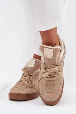 Sneakersy Damskie Na Platformie Ocieplane Futerkiem Beżowe Solvia