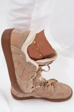 Sneakersy Damskie Na Platformie Ocieplane Futerkiem Beżowe Solvia