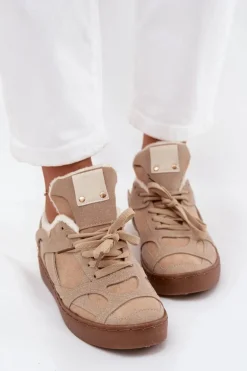 Sneakersy Damskie Na Platformie Ocieplane Futerkiem Beżowe Solvia