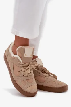 Sneakersy Damskie Na Platformie Ocieplane Futerkiem Beżowe Solvia
