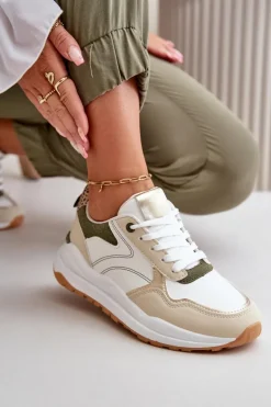 Sneakersy Damskie Na Platformie Z Eko Skóry Beżowo-Zielone Issatta