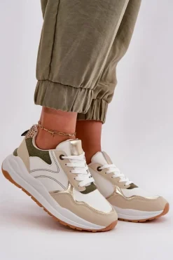Sneakersy Damskie Na Platformie Z Eko Skóry Beżowo-Zielone Issatta