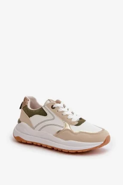 Sneakersy Damskie Na Platformie Z Eko Skóry Beżowo-Zielone Issatta