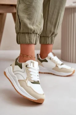 Sneakersy Damskie Na Platformie Z Eko Skóry Beżowo-Zielone Issatta