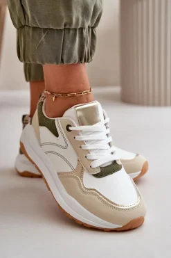Sneakersy Damskie Na Platformie Z Eko Skóry Beżowo-Zielone Issatta
