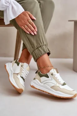 Sneakersy Damskie Na Platformie Z Eko Skóry Beżowo-Zielone Issatta