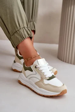 Sneakersy Damskie Na Platformie Z Eko Skóry Beżowo-Zielone Issatta
