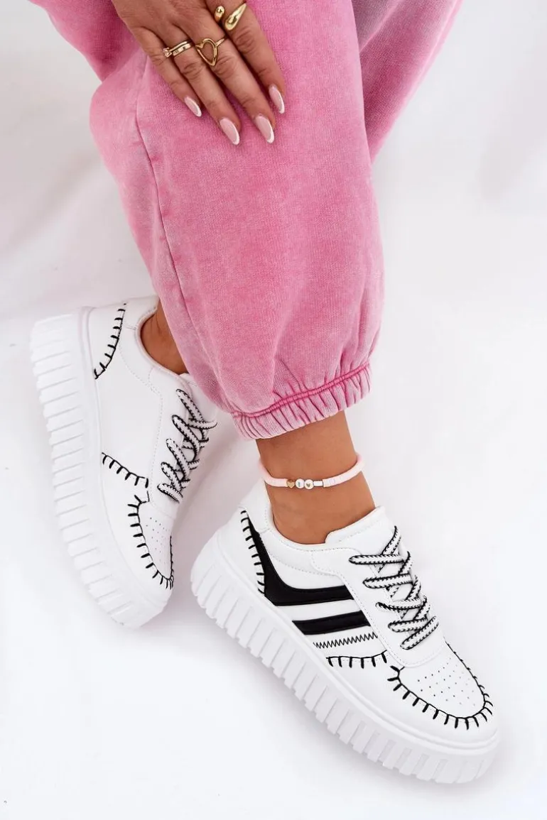 Sneakersy Damskie Na Platformie Biało-Czarne Ofenale