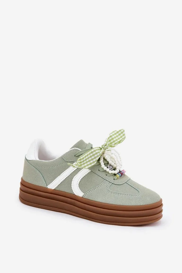 Sneakersy Damskie Na Platformie Z Ozdobami Zielone Vinness