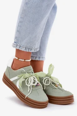 Sneakersy Damskie Na Platformie Z Ozdobami Zielone Vinness