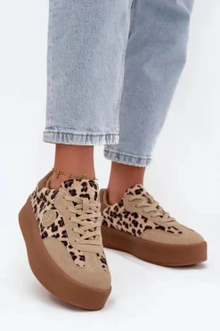 Sneakersy Damskie Na Platformie Panterka Big Star SS274763 Beżowe