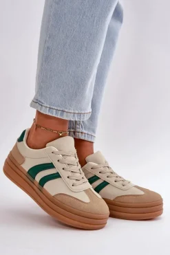 Sneakersy Damskie Na Platformie Beżowo-Zielone Nesonice
