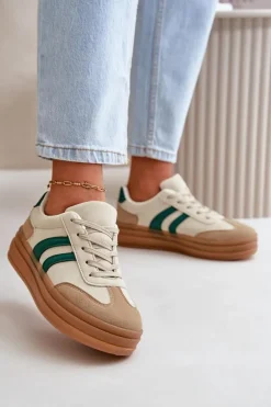 Sneakersy Damskie Na Platformie Beżowo-Zielone Nesonice