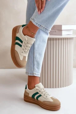 Sneakersy Damskie Na Platformie Beżowo-Zielone Nesonice
