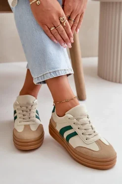 Sneakersy Damskie Na Platformie Beżowo-Zielone Nesonice