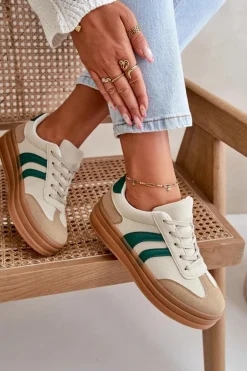 Sneakersy Damskie Na Platformie Beżowo-Zielone Nesonice