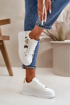 Sneakersy Damskie Na Platformie Z Ozdobnym Napisem Białe Orlian