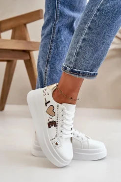 Sneakersy Damskie Na Platformie Z Ozdobnym Napisem Białe Orlian