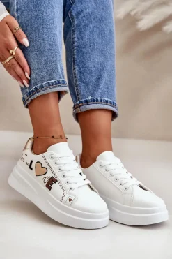 Sneakersy Damskie Na Platformie Z Ozdobnym Napisem Białe Orlian