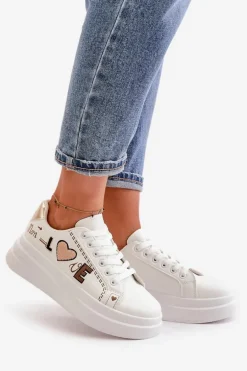 Sneakersy Damskie Na Platformie Z Ozdobnym Napisem Białe Orlian