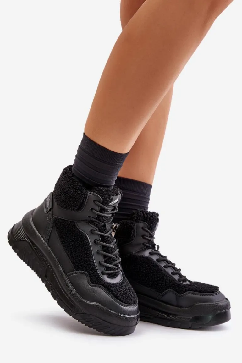 Sneakersy Damskie Na Platformie Z Futerkiem Typu Baranek Lee Cooper LCJ-24-47-3145 Czarne