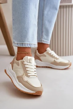Sneakersy Damskie Na Platformie Z Eko Skóry Beżowe Issatta