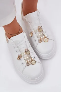 Sneakersy Damskie Na Platformie Z Przypinkami Biało-Złote Ocerdia