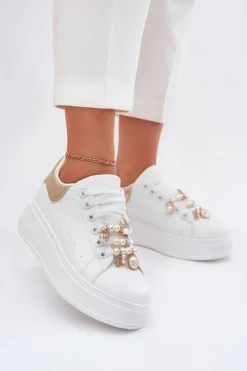 Sneakersy Damskie Na Platformie Z Przypinkami Biało-Złote Ocerdia