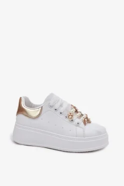 Sneakersy Damskie Na Platformie Z Przypinkami Biało-Złote Ocerdia