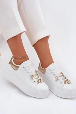 Sneakersy Damskie Na Platformie Z Przypinkami Biało-Złote Ocerdia
