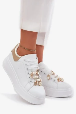 Sneakersy Damskie Na Platformie Z Przypinkami Biało-Złote Ocerdia