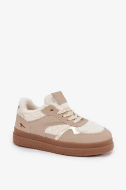 Sneakersy Damskie Na Platformie Z Futerkiem Typu Baranek Beżowe Frelina