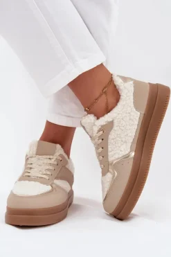 Sneakersy Damskie Na Platformie Z Futerkiem Typu Baranek Beżowe Frelina