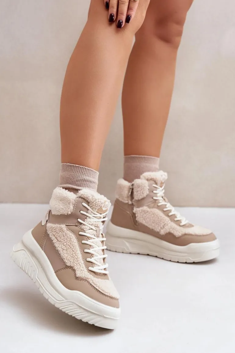 Sneakersy Damskie Na Platformie Z Futerkiem Typu Baranek Lee Cooper LCJ-24-47-3146 Beżowe
