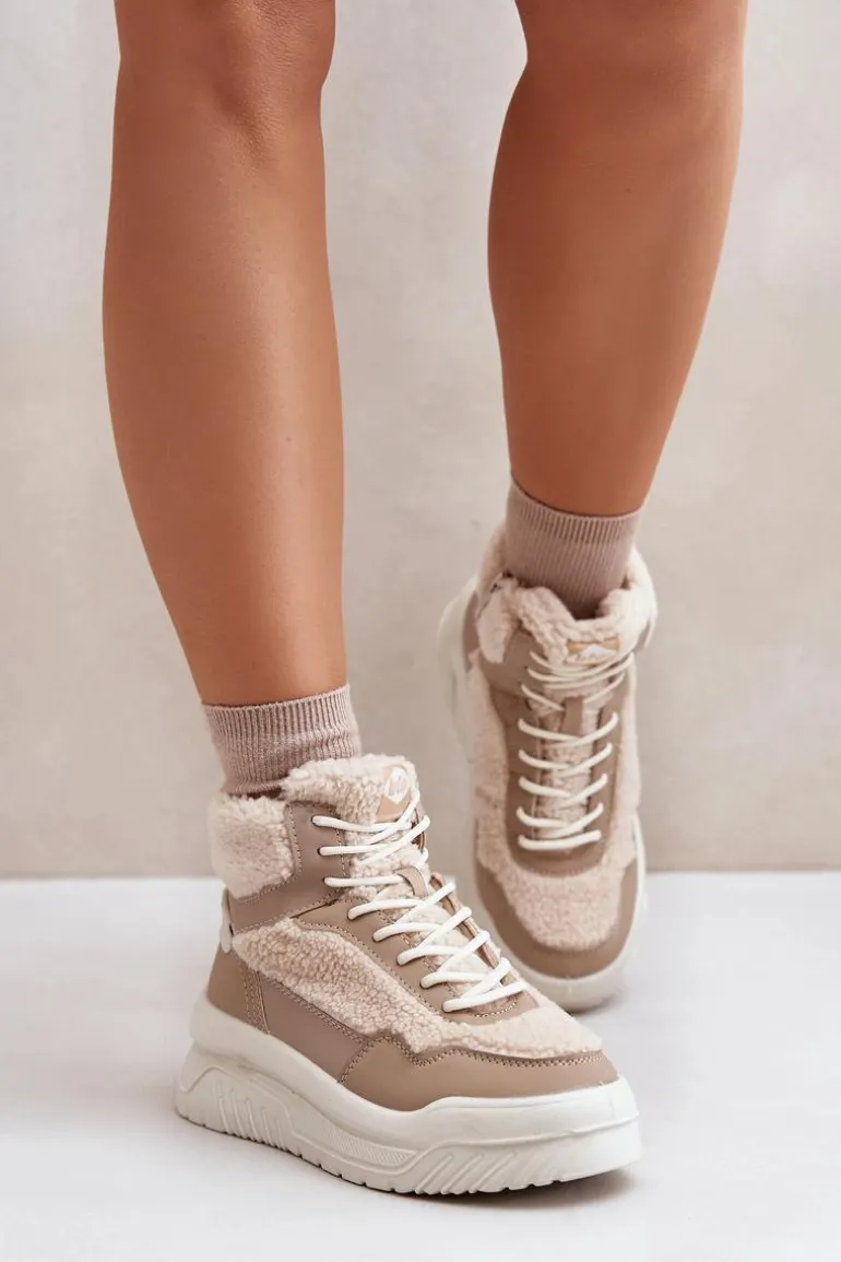 Sneakersy Damskie Na Platformie Z Futerkiem Typu Baranek Lee Cooper LCJ-24-47-3146 Beżowe
