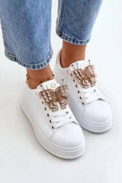 Sneakersy Damskie Na Platformie Z Motylem Biało-Złote Naritevia