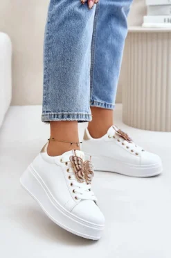 Sneakersy Damskie Na Platformie Z Motylem Biało-Złote Naritevia