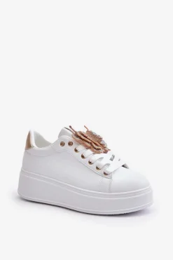 Sneakersy Damskie Na Platformie Z Motylem Biało-Złote Naritevia