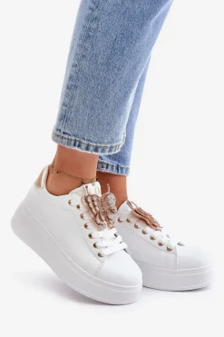Sneakersy Damskie Na Platformie Z Motylem Biało-Złote Naritevia