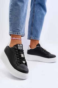 Sneakersy Damskie Na Platformie Z Ozdobami Czarne Herbisa