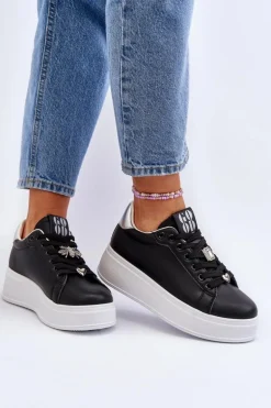 Sneakersy Damskie Na Platformie Z Ozdobami Czarne Herbisa