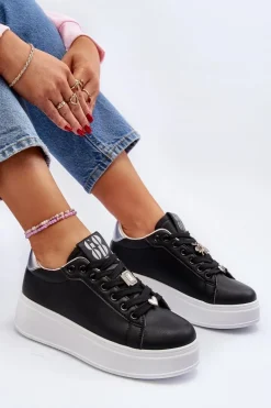 Sneakersy Damskie Na Platformie Z Ozdobami Czarne Herbisa