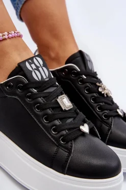 Sneakersy Damskie Na Platformie Z Ozdobami Czarne Herbisa