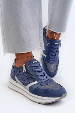 Sneakersy Damskie Na Platformie Z Ażurowym Wzorem I Brokatem INBLU IN000372 Niebieskie