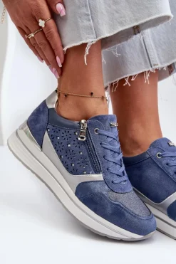 Sneakersy Damskie Na Platformie Z Ażurowym Wzorem I Brokatem INBLU IN000372 Niebieskie